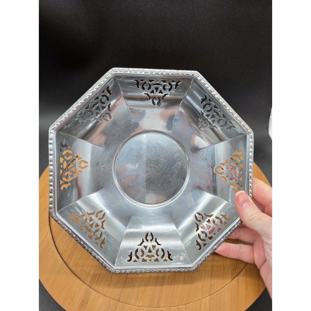 Vintage Silver Tone Octagonal Decorative Bowl Pierced Cutout Ornate Paneled